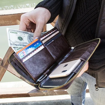 Мужской повседневный кошелек-клатч из коровьей кожи, держатель для карт, кошелек на молнии с паспортом, чехол для телефона для мужчин, длинный
