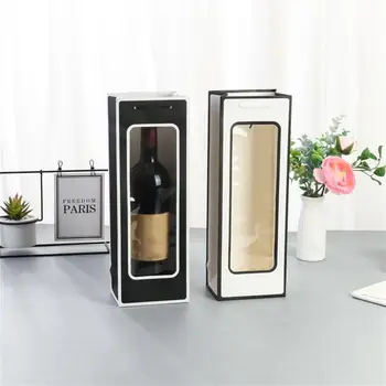 Крафт-бумажный пакет продолговатой формы, Съемный шнур для переноски, Контрастный цвет красного вина, Полупрозрачный Видимый подарочный пакет для шампанского