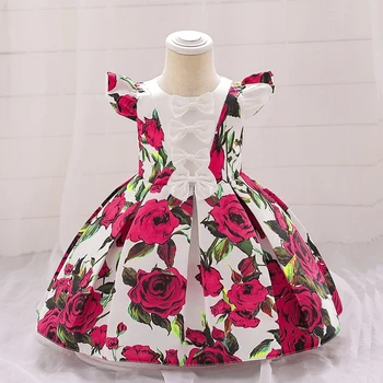Летнее платье с цветочным принтом для маленьких девочек, 1 год, день рождения, свадебные платья для маленьких девочек, одежда для маленьких девочек, бальное платье принцессы с бантом