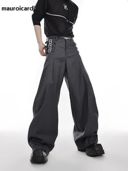 Mauroicardi Весна Осень, крутые Свободные повседневные Серые Черные широкие брюки в стиле эмо для мужчин длиной до пола, Роскошная дизайнерская уличная одежда 2023 года.