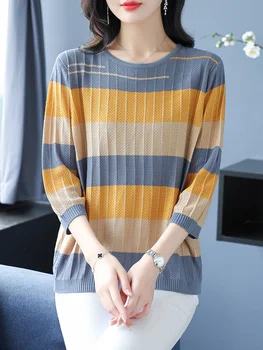 Женский свитер в полоску, весна-лето, корейский модный пуловер, женская одежда, свитера с коротким рукавом