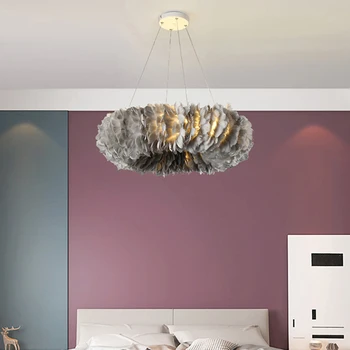 Художественная люстра Светодиодный подвесной светильник Потолочный светильник с абажуром из перьев в скандинавском стиле, декор для спальни, гостиной, Подвесной светильник в помещении 