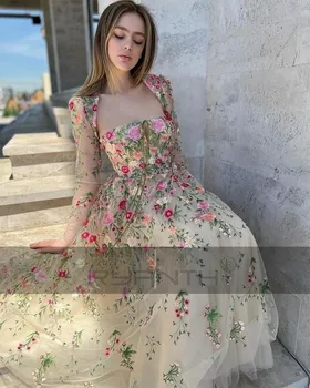 Бальное платье с цветочной вышивкой, кружевное Миди с длинным рукавом, Чайное длинное вечернее платье трапециевидной формы, сшитое на заказ с открытой спиной
