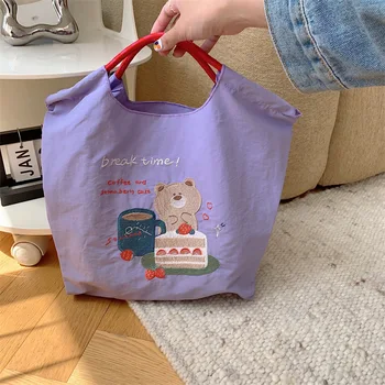 Нейлоновая сумка с мультяшной вышивкой в японском стиле, Модные сумки для женщин, девочек, Милые Тканевые сумки через плечо большой емкости