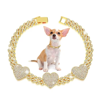 Ошейники для собак с блестящими бриллиантами, цепочки для кубинских собак, ожерелье для щенков, металлическая цепочка с сердечком, аксессуары для домашних животных