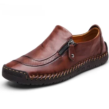 Классическая мужская повседневная обувь из натуральной кожи, дышащие мужские мягкие туфли на плоской подошве, Мокасины, Лоферы, мужские лоферы для вождения на молнии.