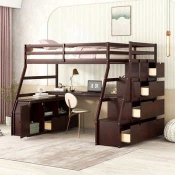 Двуспальная кровать-чердак с 7 выдвижными ящиками, 2 полками и письменным столом, легко монтируемая для внутренней мебели для спальни.