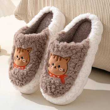 Хлопковые тапочки с мультяшным котом, женские теплые зимние домашние тапочки, мужская удобная бархатная домашняя обувь, нескользящие горки для спальни Polar