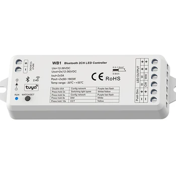 12V-36VDC 2CH * 5A 2.4G RF Bluetooth-совместимый Контроллер WB1 Tuya App Push Dim Для одноцветной светодиодной ленты с цветовой температурой