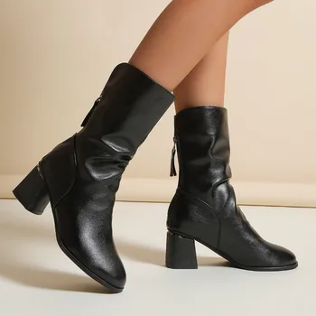 Зима 2023, Новый стиль, верхняя одежда на высоком каблуке с круглым носком, молния сзади, женские ботинки средней длины, универсальные и удобные женские ботинки