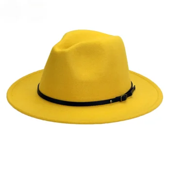 Классическая широкополая шляпа из искусственного войлока, Замшевая шерстяная шляпа с пряжкой на ремне, фетровая панама с металлической пряжкой, черный ремешок