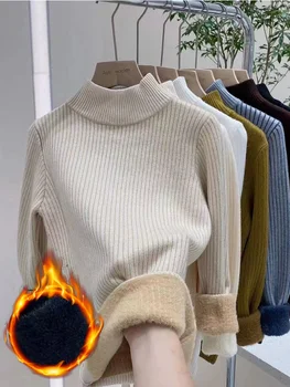 Вязаный бархатный свитер Для женщин 2023, Утепленные Теплые осенне-зимние Тонкие джемперы, повседневный пуловер с длинным рукавом и полувысоким воротником