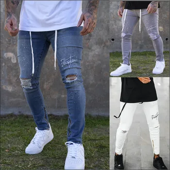 2023 Новые мужские джинсы с буквенным принтом, мужские джинсы с дырками в стиле хип-хоп, рваные узкие джинсовые брюки для мужчин, брюки Pantalon Homme