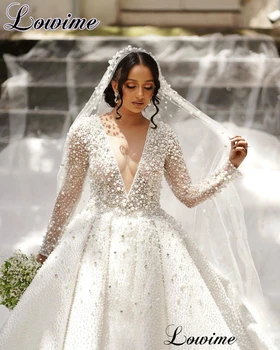 Роскошные свадебные платья с жемчугом для женщин 2023, Длинные рукава, Популярные свадебные платья на Ближнем Востоке, Свадебные платья Vestido De Casamento