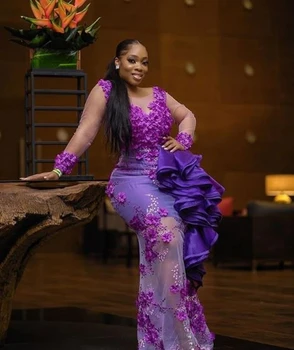 Изысканное Фиолетовое вечернее платье Русалки 2023 с длинными рукавами, Многоуровневыми Оборками, 3D Цветами, Африканские Женские вечерние платья Aso Ebi