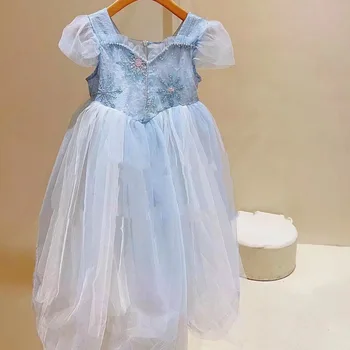 Праздничное платье для девочек голубого цвета для детей, костюм на Хэллоуин, подростковый наряд принцессы с жемчужной вышивкой, Одежда