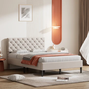 Бежевая кровать-платформа с льняной обивкой, полноразмерная, простая в сборке для внутренней мебели для спальни