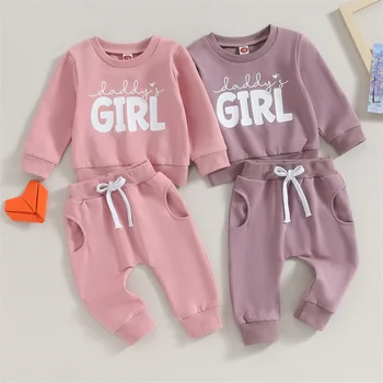 Комплекты осенне-весенней одежды для малышей, Толстовка с буквенным принтом для маленьких девочек, Комплекты брюк, Розовый Фиолетовый