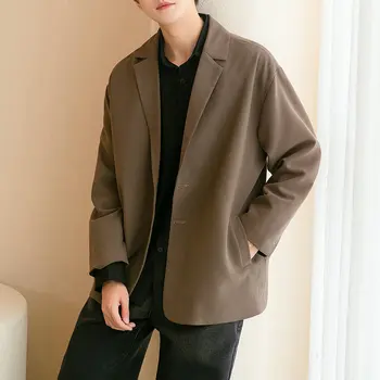 Весенний мужской коричневый пиджак, Винтажный Ретро топ с длинным рукавом, повседневный деловой Офисный Свободный мужской блейзер большого размера, мужской костюм на пуговицах