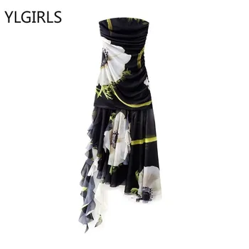 2023 Женское Летнее Пляжное сетчатое мини-платье с Нерегулярным принтом, Французское Винтажное платье Y2k, Корейская ретро-модная одежда