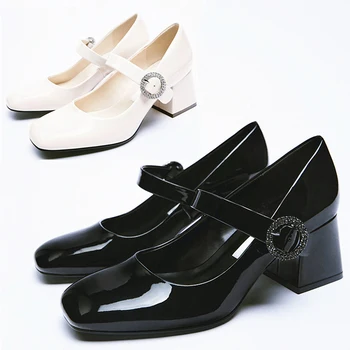 Офисная женская обувь с пряжкой Mary Janes, туфли-лодочки, дизайн 2023, повседневная черно-белая весенняя обувь на высоком каблуке, модная обувь