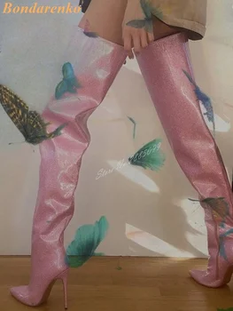 Блестящие розовые сапоги до бедра, высокие сапоги на шпильке с острым носком, Однотонные длинные сапоги на молнии, женская сексуальная обувь, Новый стиль, зимняя мода для вечеринок