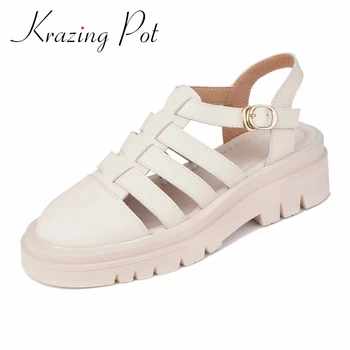 Krazing Pot/ Летняя обувь бренда British School Young Lady из натуральной коровьей кожи с круглым носком на среднем каблуке, однотонные женские босоножки с ремешками и пряжкой в римском стиле