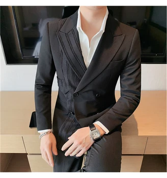 Мужской приталенный двубортный пиджак в полоску в стиле пэчворк, повседневный деловой костюм с двойными прорезями