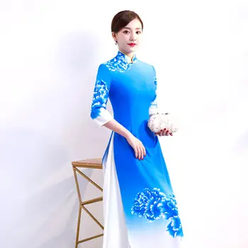 Костюм Для Выступления С Длинным Подиумом Cheongsam Team Uniform Вьетнам Ао Дай Ретро Китайское Традиционное Вечернее Платье Ципао Для Женщин