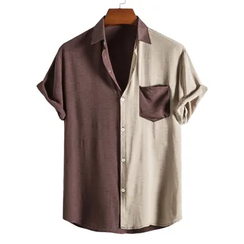 Мужская повседневная двухцветная рубашка в стиле пэчворк, летняя уличная одежда с коротким рукавом, рубашка контрастного цвета, топ на пуговицах для мальчиков, плюс размер Xxl