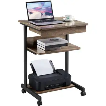 Компьютерный стол SmileMart на колесиках с 2 полками и выдвижным ящиком, серый в деревенском стиле