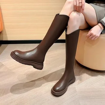 Осенне-зимние сапоги до колена на платформе Женские плюшевые длинные нескользящие ботинки из искусственной кожи 2023 Mujer на квадратном каблуке