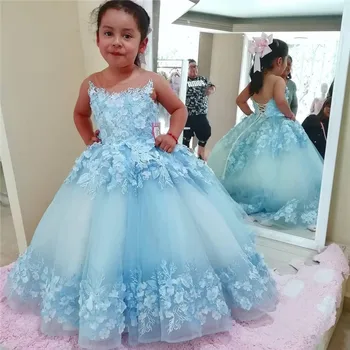 Пышные платья для девочек-цветочниц для свадьбы Детские 3D цветочные аппликации Прозрачное платье принцессы с вырезом на День рождения Бальное платье для первого причастия
