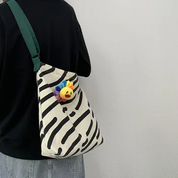 Женская холщовая сумка через плечо, женская повседневная сумка-тоут, хлопковая сумка большой емкости, многоразовые пляжные сумки для покупок в полоску зебры