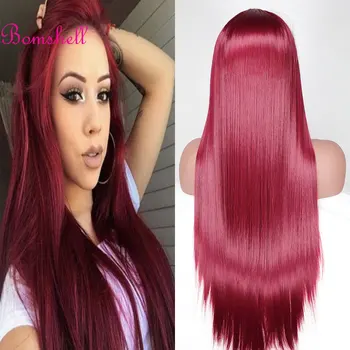 Парик из прямых синтетических волос на кружеве, темно-винно-красное термостойкое волокно, натуральная линия роста волос, средний пробор, детские волосы для женщин