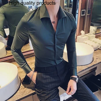 Мужская весенняя рубашка высокого качества с V-образным вырезом и длинными рукавами в британском стиле 2023 /Мужское приталенное повседневное деловое платье S-3XL
