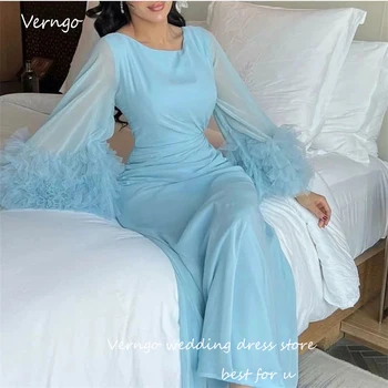 Verngo Дубай Арабские женщины Светло-голубые шифоновые вечерние платья с пышными длинными рукавами и оборками Платья для выпускного вечера Элегантная официальная вечеринка 2023