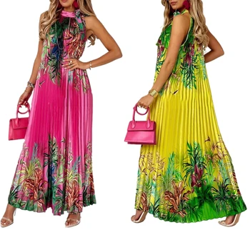 Женское длинное платье без рукавов, плиссированное платье с растительным принтом, летнее праздничное платье