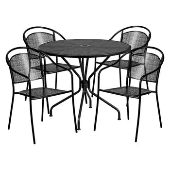 Товарный 35,25-дюймовый Круглый черный стальной стол для внутреннего и наружного дворика с 4 стульями с круглыми спинками