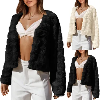 Женская укороченная куртка из искусственного меха, осень-зима, модное мягкое короткое пальто с длинным рукавом, открытое спереди, верхняя одежда, флисовая куртка для женщин