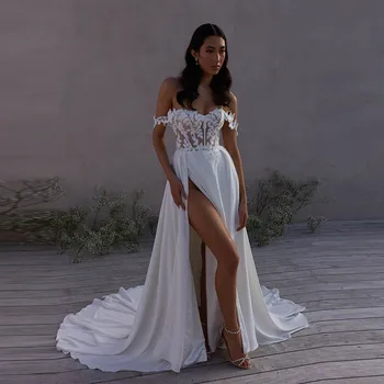 Сексуальные Свадебные Платья с Высоким Разрезом для Женщин С Открытыми Плечами Невесты В Стиле Бохо На Пуговицах Сзади Свадебные Платья На Заказ Vestidos De Novia