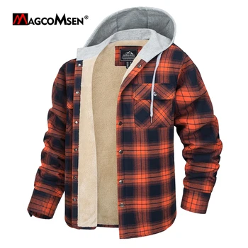 Мужские фланелевые куртки MAGCOMSEN Winter Thermal, пальто-рубашки в клетку из шерп-флиса с капюшоном