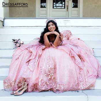Розовые Блестящие Пышные платья 2023 Бальное платье с кристаллами Vestidos De 15 Años Вечернее платье с цветами, расшитое бисером.