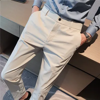 Мужские дышащие брюки с прямыми штанинами, быстросохнущие эластичные брюки, Новые Тонкие Деловые Формальные универсальные однотонные мужские брюки