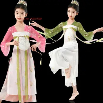 2023 китайская детская винтажная танцевальная одежда, шифоновый топ + брюки с национальным цветочным принтом, платье принцессы, костюм для выступления на сцене