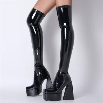 Новый стиль, женские эластичные сапоги, квадратный носок, Кожаная платформа, грубый каблук, женская обувь на молнии, толстая подошва, женские ботфорты выше колена