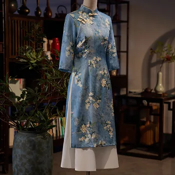 Женское Улучшенное Синее Цветочное Вечернее Платье Ципао В Китайском Стиле в стиле Ретро С Цветочным Рисунком