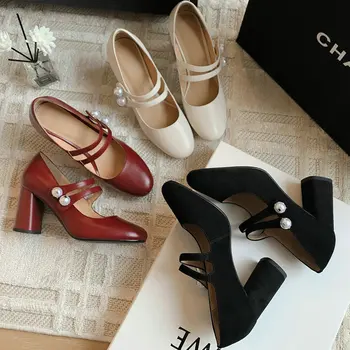 Элегантные роскошные туфли из натуральной кожи красного, черного цвета, женские весенние туфли-лодочки с ремешком с двойной пряжкой и жемчугом на высоком каблуке Mary Janes
