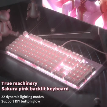 Новая игровая механическая проводная клавиатура девчачьего розового цвета 2021 года с белой подсветкой из 104 клавиш подходит для ПК/ ноутбука USB-проводная клавиатура для геймеров