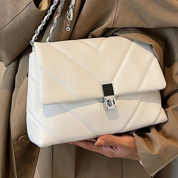 Женская нежная белая сумка через плечо, шикарная металлическая цепочка, женские квадратные сумки через плечо, V-образная стеганая эстетичная женская сумочка